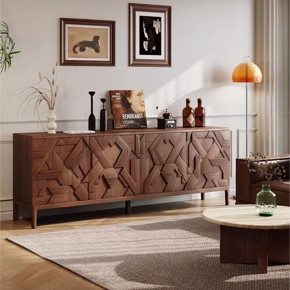 Aparador moderno de madera maciza de nogal - 4 puertas, 2 cajones y estantes ajustables para sala de estar | Almacenamiento de lujo