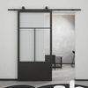 Puerta corrediza de granero con acabado de metal negro y vidrio transparente con kit de herrajes