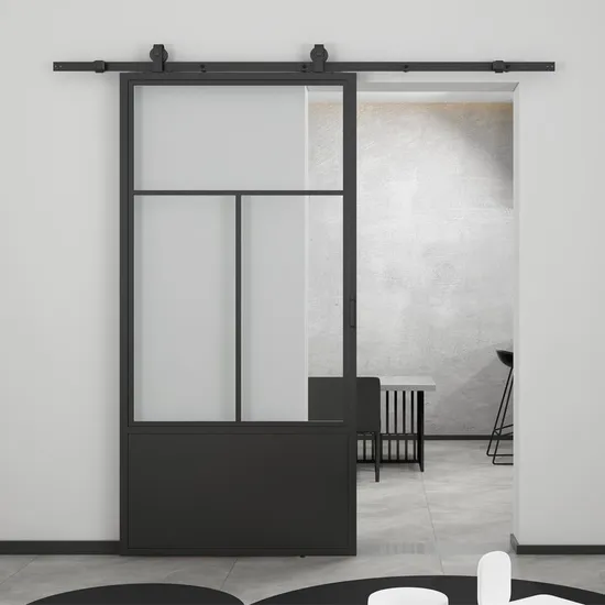 Puerta corrediza de granero con acabado de metal negro y vidrio transparente con kit de herrajes