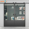 Puerta doble de 3 lites y base, marco de acero negro, puerta corrediza de vidrio para granero