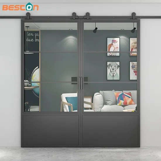 Puerta doble de 3 lites y base, marco de acero negro, puerta corrediza de vidrio para granero