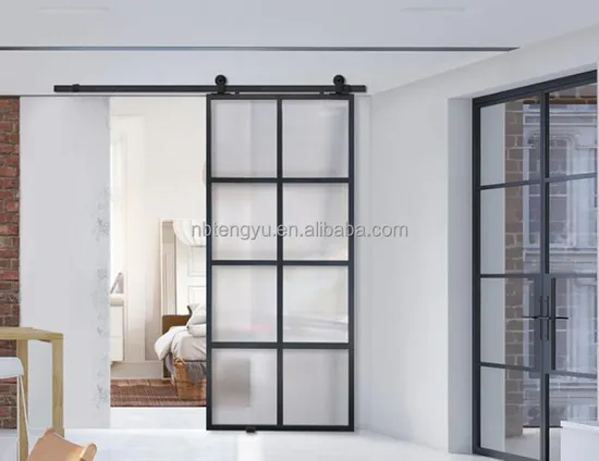 Puertas de granero de vidrio corredizas con marco de aluminio de acero negro de estilo rústico