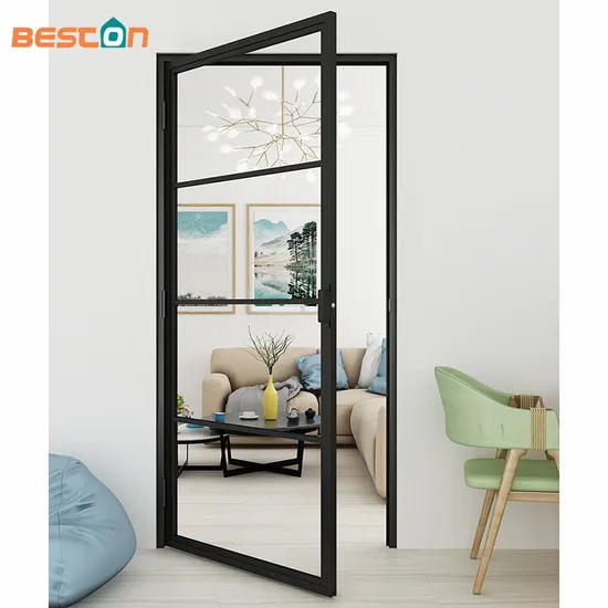 Puerta abatible de vidrio con marco de acero de moda con cerradura de puerta