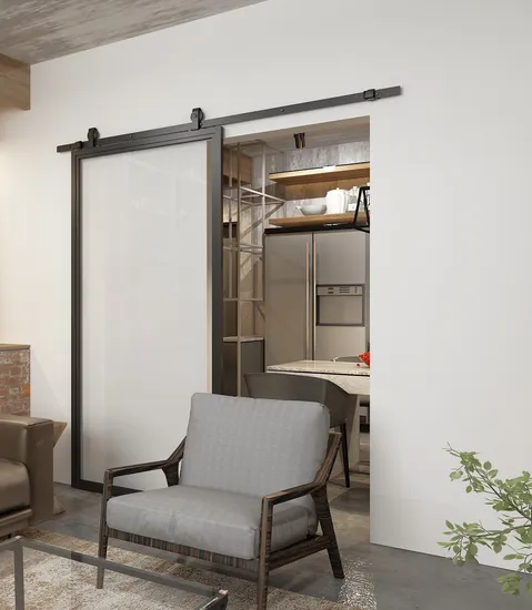 Puerta de una pieza con marco de acero negro y metal con inserto de vidrio transparente