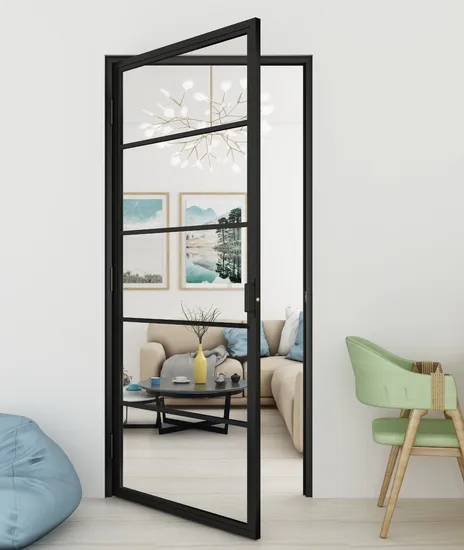 Puertas batientes de vidrio templado transparente con marco de metal de moda