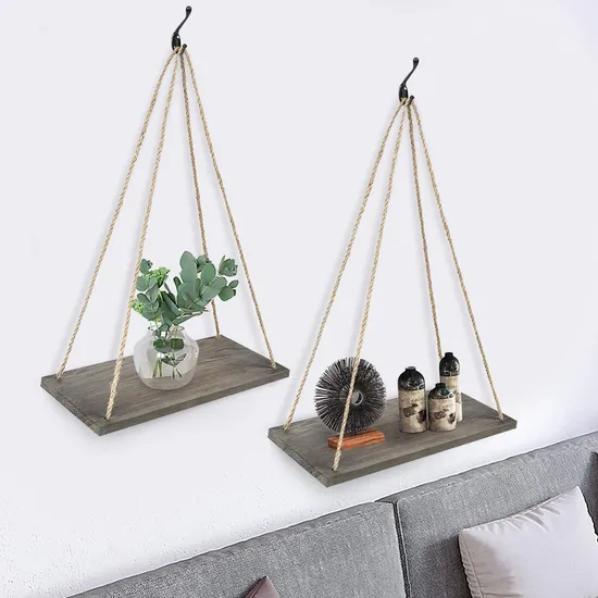 Estante marrón cuerda pared madera flotante 4 ganchos soportes de estante colgante rústico