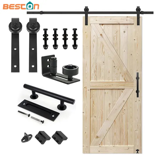 Kit de herrajes para puerta corrediza de granero premium de 5 pies | Guía de piso y colgadores de ruedas industriales para puertas de 80 pulgadas