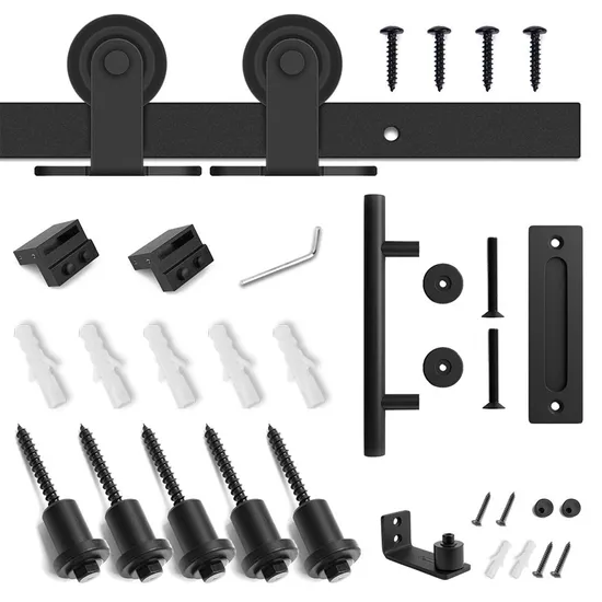Kit de herrajes para puerta corrediza de granero de montaje superior de 6 pies con colgador en forma de T, manija y guía para el piso