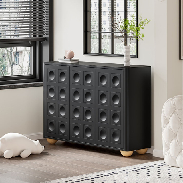Mesa consola nórdica moderna de madera maciza - Soporte para TV con 3 cajones y estantes abiertos para sala de estar
