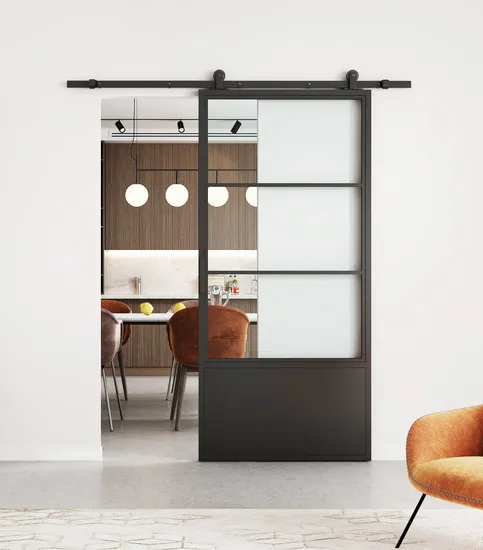 Puerta doble de 3 lites y base, marco de acero negro, puerta corrediza de vidrio para granero
