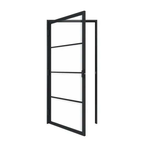 Puerta abatible de vidrio con marco de acero de moda con cerradura de puerta