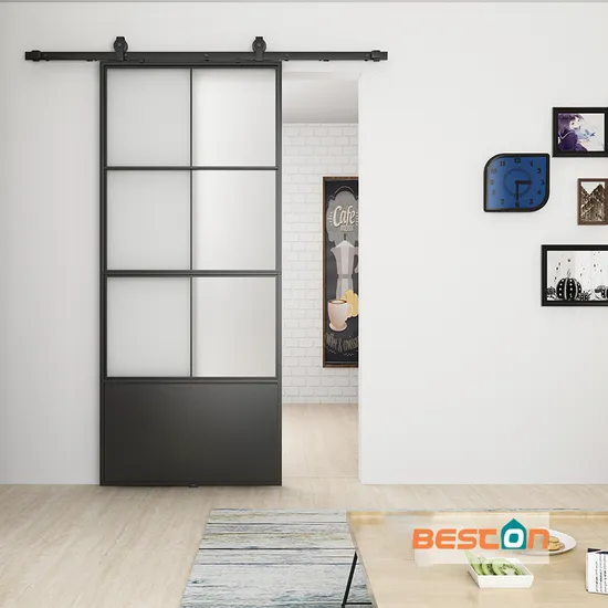 Sistema de puerta corrediza de metal con puerta de vidrio y marco de acero corredizo derribado interior