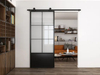 Puerta de granero de cristal con marco de acero negro moderno, puerta corrediza interior