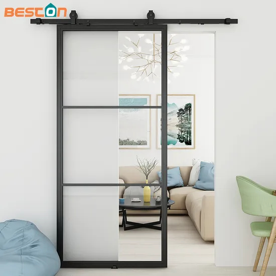 Puerta corrediza de granero de vidrio transparente con marco de acero negro para uso interior