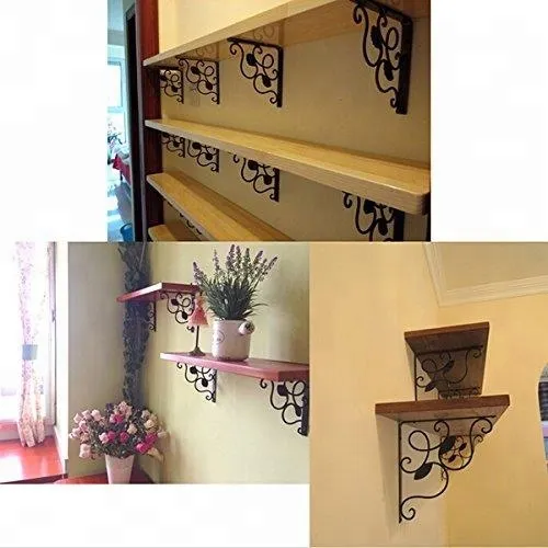 Soportes de estante florales negros montados en la pared de hierro fundido