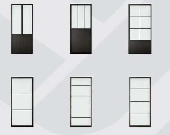 Herrajes para puertas corredizas interiores de vidrio transparente con marco de acero al carbono negro francés