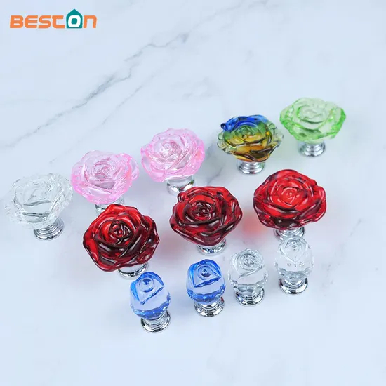 Perilla de cocina con forma de rosa, manijas coloridas con diamantes de imitación, perilla de cristal para gabinete