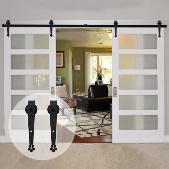 Juego clásico de herrajes para puertas de granero de acero negro: rieles Plum-Flow de 7 a 9 pies para puertas dobles y diseño de hogar rústico