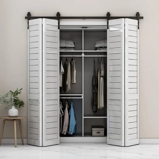 Bend Design Soporte de montaje en pared de metal para puertas dobles de madera - Kit de herrajes para puertas corredizas de granero plegables con fácil instalación