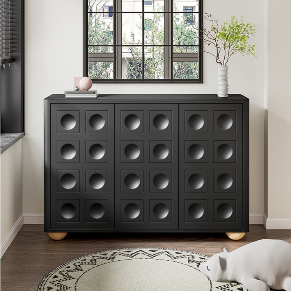 Mesa consola nórdica moderna de madera maciza - Soporte para TV con 3 cajones y estantes abiertos para sala de estar