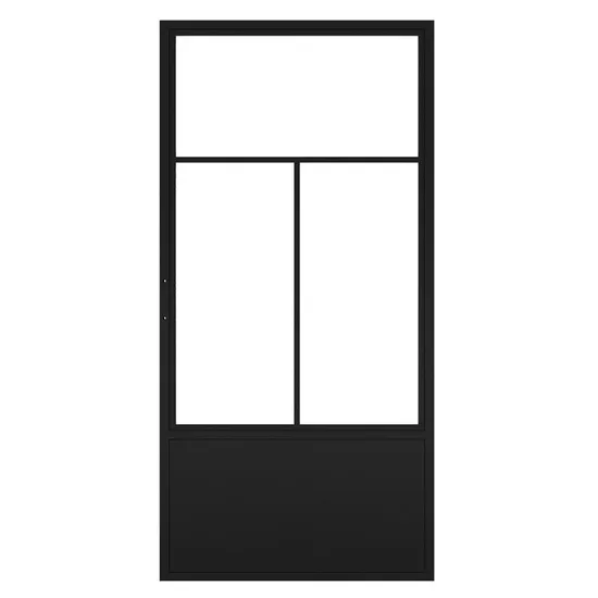 Puerta corrediza de granero con acabado de metal negro y vidrio transparente con kit de herrajes