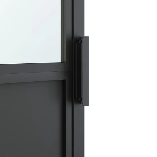 Puerta de granero estilo loft de vidrio transparente con marco de acero negro y herrajes corredizos