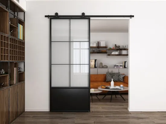 Puerta de vidrio con marco de metal de acero negro mate interior con kit de herrajes