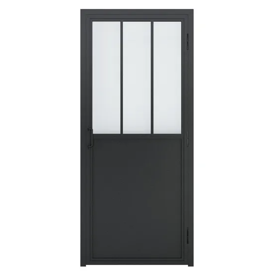 Puerta abatible de vidrio con recubrimiento de polvo negro de estilo francés con placa protectora