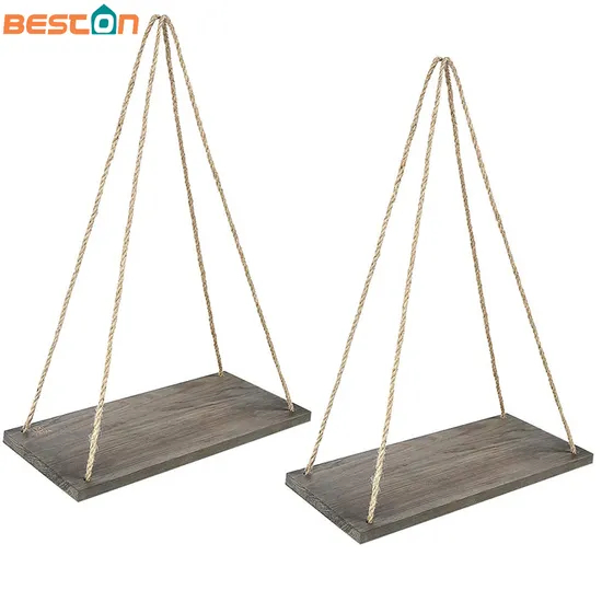 Estante marrón cuerda pared madera flotante 4 ganchos soportes de estante colgante rústico