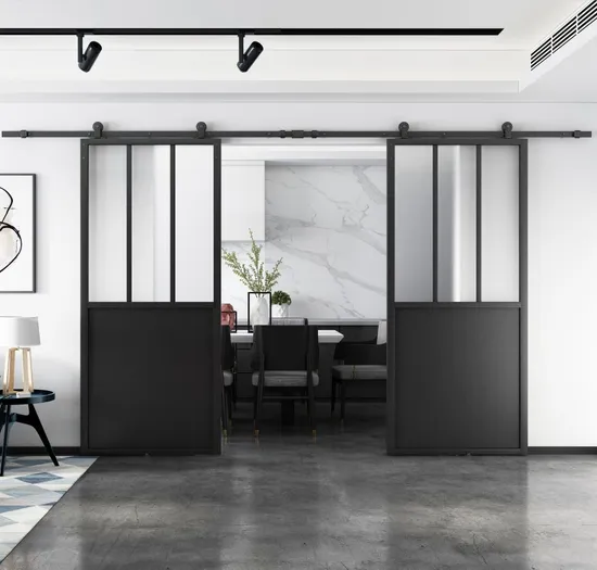 Puertas de vidrio transparente con marco de metal con soporte de doble patada y herrajes para puertas de granero