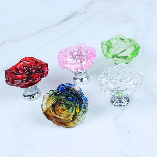 Perilla de cocina con forma de rosa, manijas coloridas con diamantes de imitación, perilla de cristal para gabinete