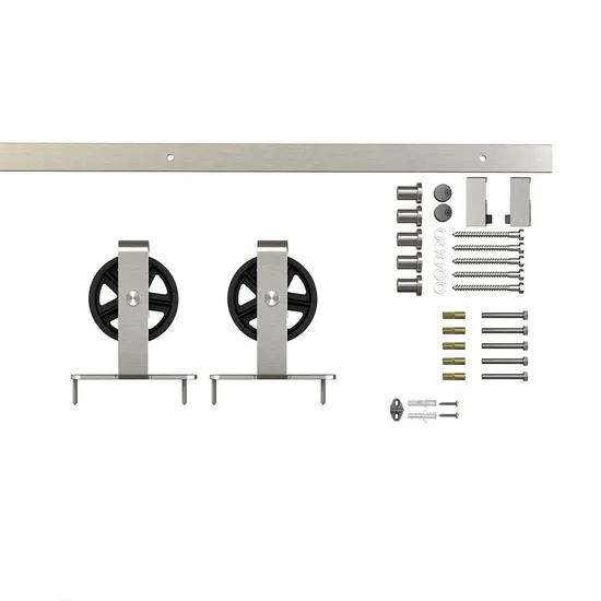 Kit de puerta corrediza de granero de acero al carbono y níquel satinado de inspiración vintage: diseño de rueda de gran tamaño adornado para interiores de granjas modernas