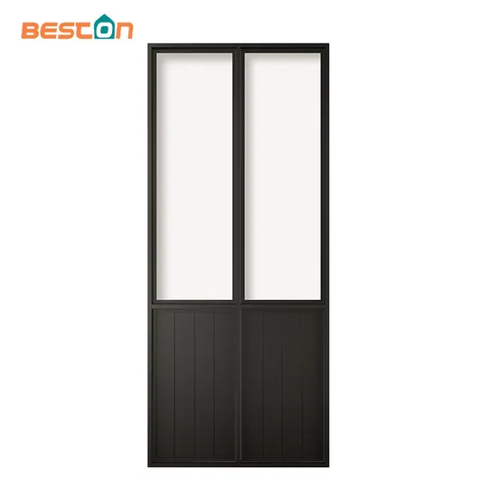 Puerta corrediza de granero con acabado de metal negro y vidrio esmerilado con kit de herrajes