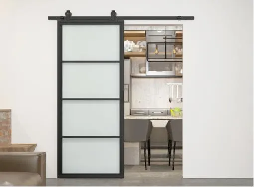 Puertas tipo loft con marco de hierro negro, puerta corrediza de granero de vidrio esmerilado de acero al carbono