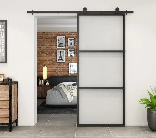 Puerta corrediza de granero de vidrio transparente con marco de acero negro para uso interior