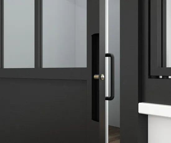 Puerta batiente de vidrio templado con marco de acero con manija o cerradura para baño