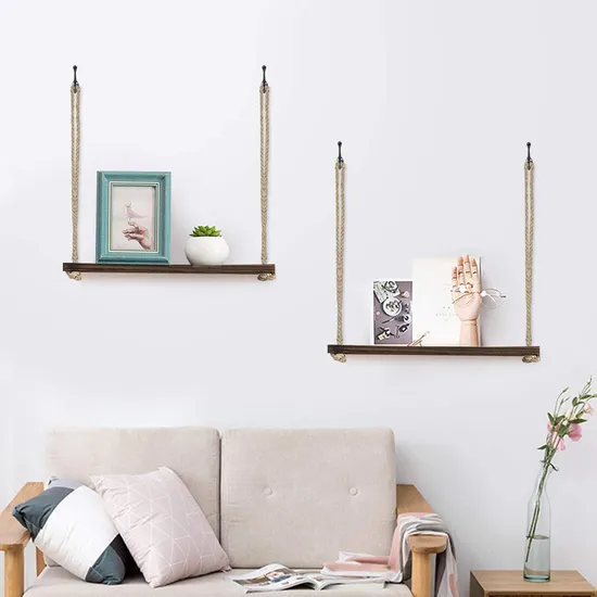 Estante marrón cuerda pared madera flotante 4 ganchos soportes de estante colgante rústico