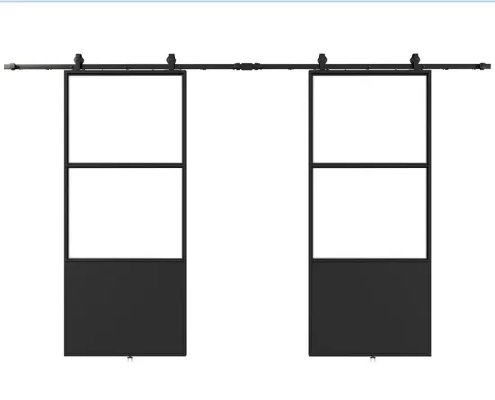 Puertas de vidrio transparente con marco de metal con soporte de doble patada y herrajes para puertas de granero