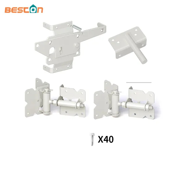 Kit de pestillo y bisagra para puerta de granja con cierre automático, ajustable, resistente y con recubrimiento en polvo blanco, para cercas de madera y vinilo/PVC