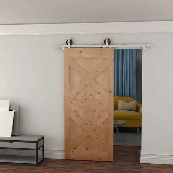 Kit de puerta corrediza de granero de acero al carbono y níquel satinado de inspiración vintage: diseño de rueda de gran tamaño adornado para interiores de granjas modernas