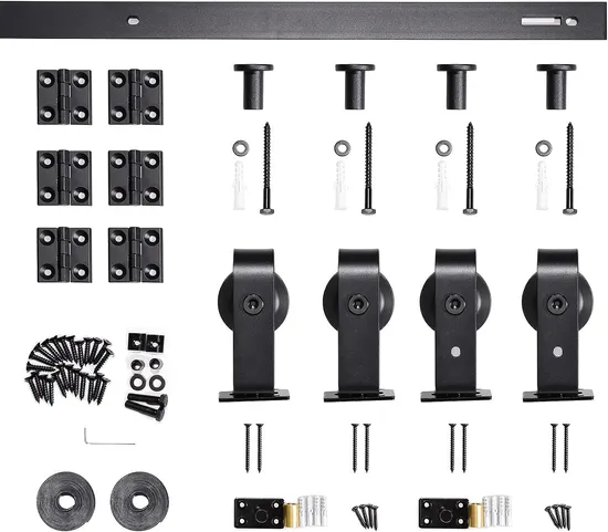 Kit de herrajes para puerta de granero plegable – Sistema de rodillos de riel plegable de 4 puertas de montaje superior resistente para puertas de 52-84 pulgadas | Fácil instalación Comercial Residencial