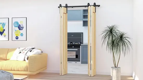 Bend Design Soporte de montaje en pared de metal para puertas dobles de madera - Kit de herrajes para puertas corredizas de granero plegables con fácil instalación