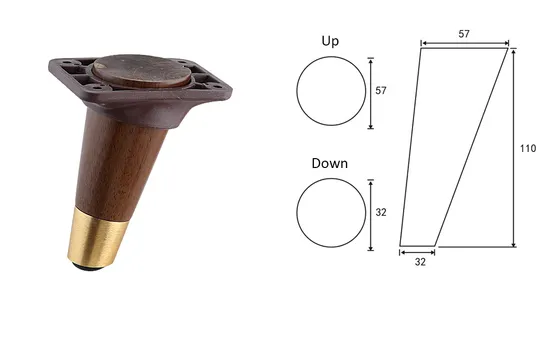 Patas de sofá de madera maciza en forma de I de cono oblicuo con copas de pie de metal y accesorios de madera