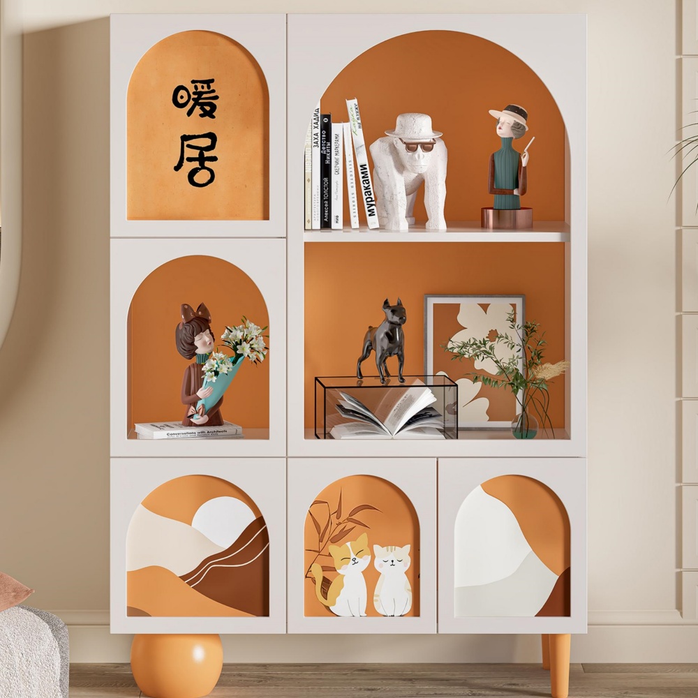 Vitrina y estantería blanca de madera maciza estilo crema francés - 3 estantes, 2 gabinetes - Almacenamiento para sala de estar con opciones de piso/pared