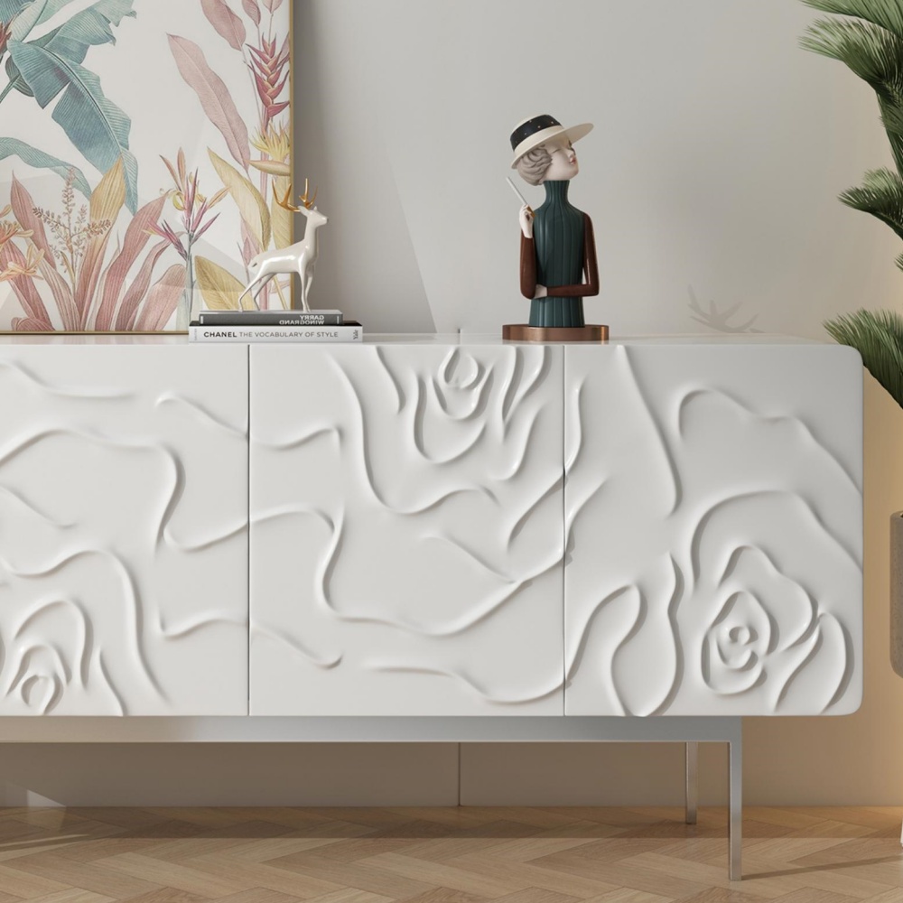 Gabinete para cubiertos blanco personalizado de fábrica: diseño elegante con puertas talladas, estantes ajustables y amplio espacio de almacenamiento