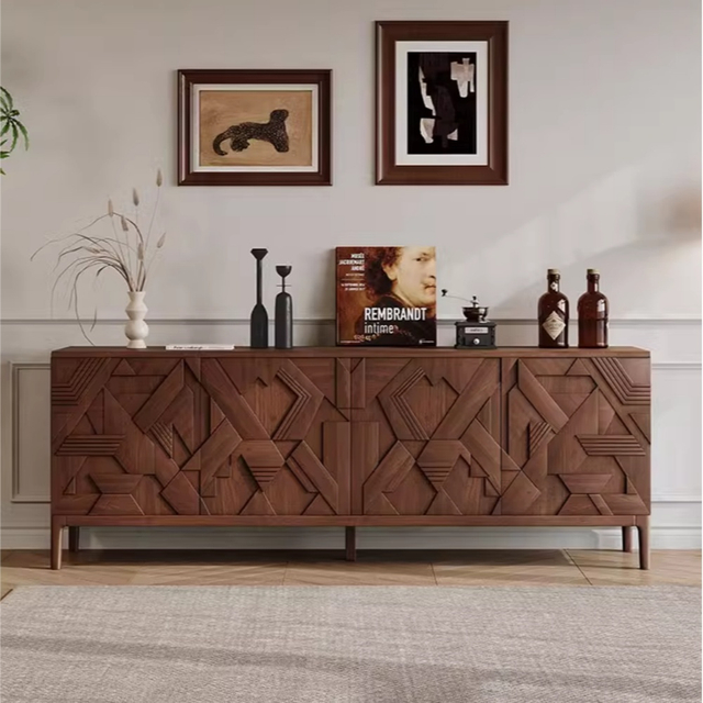 Aparador moderno de madera maciza de nogal - 4 puertas, 2 cajones y estantes ajustables para sala de estar | Almacenamiento de lujo