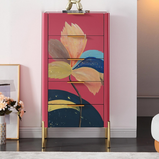 Cómoda de 5 cajones pintada envejecida americana vintage de madera maciza para dormitorio