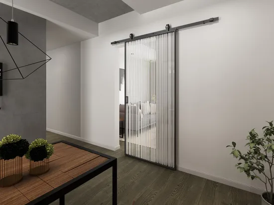 Puerta de granero corrediza de vidrio y metal con marco delgado y marco de metal