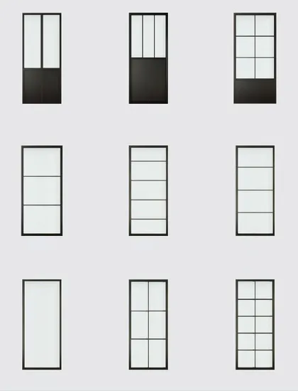 Moderna puerta corrediza de vidrio con marco de acero negro y herrajes