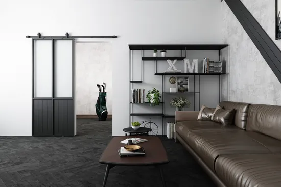 Puerta corrediza de granero con acabado de metal negro y vidrio esmerilado con kit de herrajes
